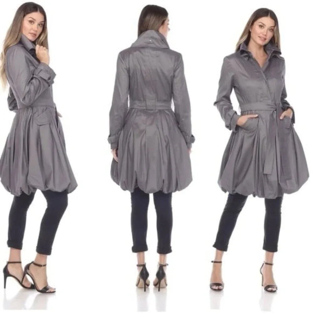 Samuel Dong Gray Metallic Taffeta Collared Bubble Hem Zip Trench Jacket Coat XL - Picture 2 of 14